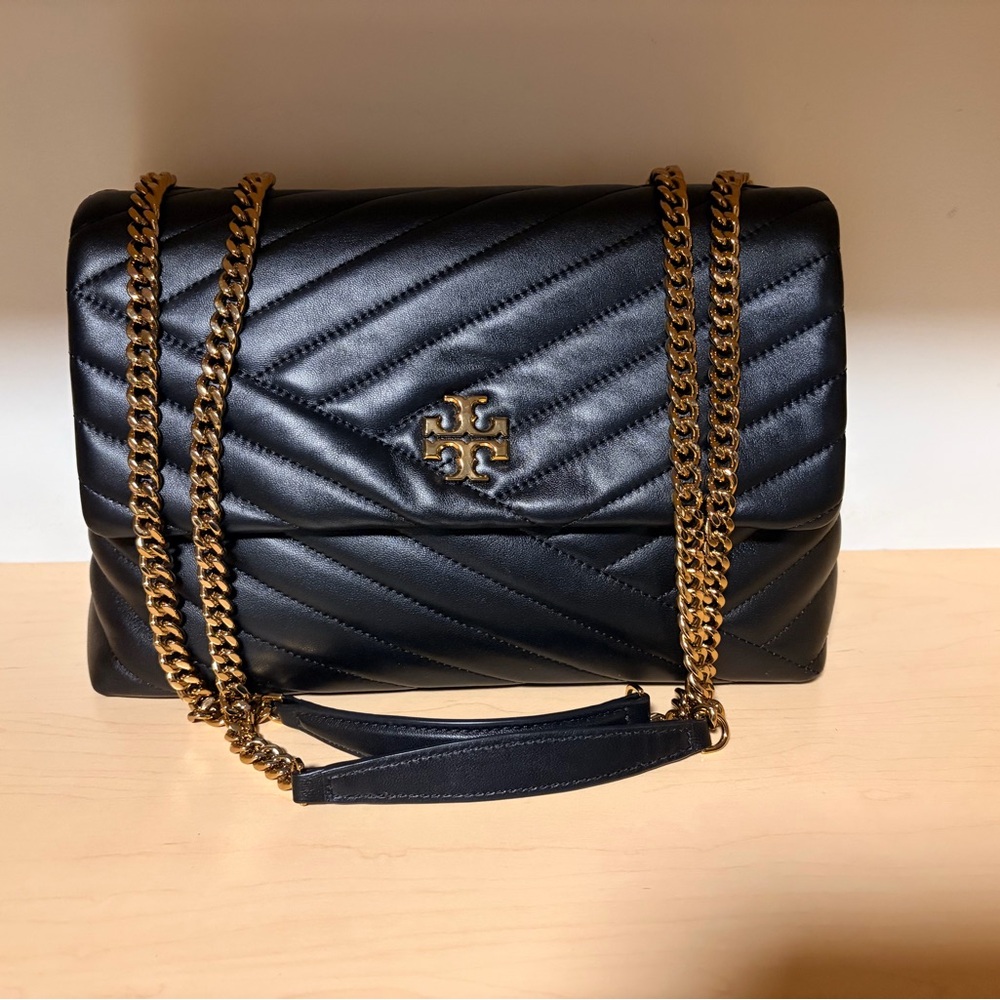 Authentic Tory Burch Black Chevron Shoulder Bag with Gold Colored Chain